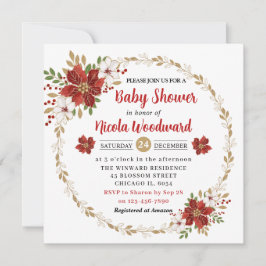レッドポインセチアと金ゴールドグリッター冬の赤ちゃんシャワー 招待状