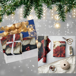 レッドポインセチアのクリスマスパターン ラッピングペーパー