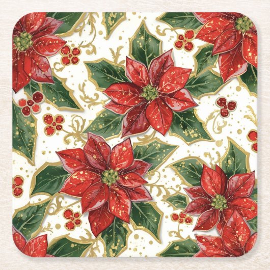 レッドポインセチアのクリスマスフラワー スクエアペーパーコースター (正面)
