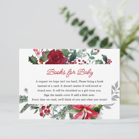 レッドポインセチアのクリスマスベビーシャワー予約リクエスト エンクロージャーカード (スタンド正面)
