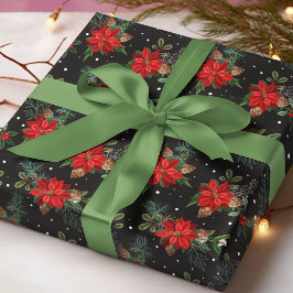 レッドポインセチアの冬の花クリスマスパターン ラッピングペーパー