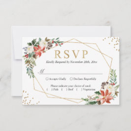 レッドポインセチアアイボリーフローラ幾何学的金ゴールド結婚ズ 出欠カード