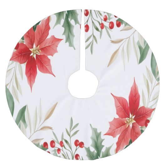 レッドポインセチアクリスマスホリデーツリースカート ブラッシュドポリエステルツリースカート (正面)