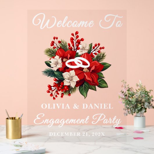 レッドポインセチアクリスマス婚約パーティへようこそ アクリルサイン (ウェディング)