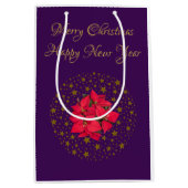 レッドポインセチアグリッター星空に植物 ミディアムペーパーバッグ (正面)