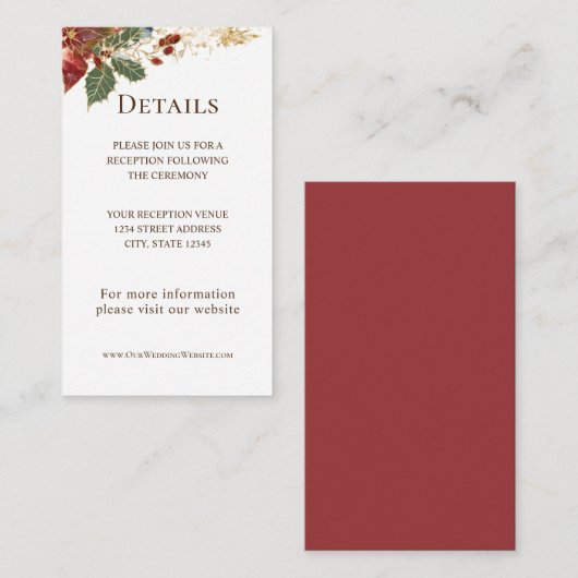 レッドポインセチアフローラクリスマスウィンターウェディング エンクロージャーカード (正面/裏面)