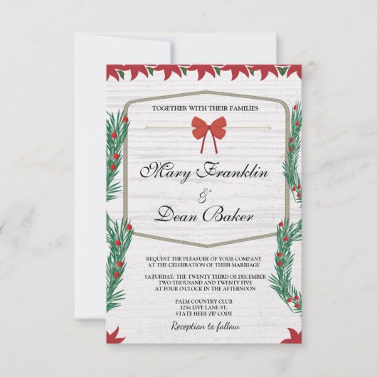 レッドポインセチアフローラクリスマスウォーター結婚カラー 招待状 (正面)