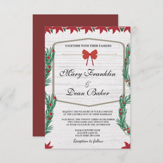 レッドポインセチアフローラクリスマスウォーター結婚カラー 招待状 (正面/裏面)