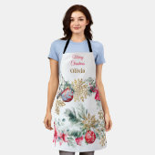 レッドポインセチアフローラクリスマスディナーパーティー エプロン (着用した状態)
