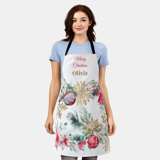 レッドポインセチアフローラクリスマスディナーパーティー エプロン (着用した状態)