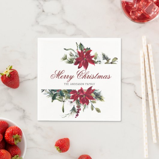 レッドポインセチアフローラクリスマスパーティー紙 スタンダードカクテルナプキン (インサイチュ)