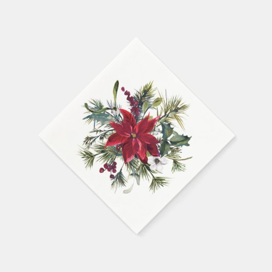 レッドポインセチアフローラクリスマスパーティー紙 スタンダードカクテルナプキン (角)