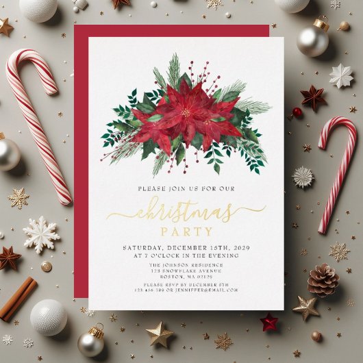 レッドポインセチアフローラクリスマスパーティー金ゴールド 箔招待状
