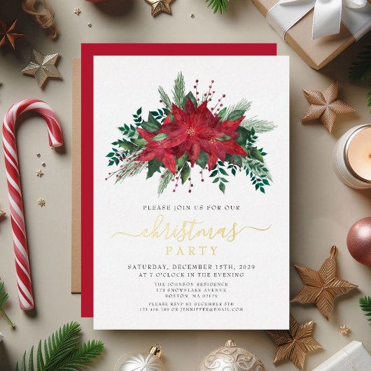 レッドポインセチアフローラクリスマスパーティー金ゴールド 箔招待状