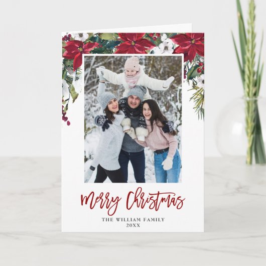 レッドポインセチアフローラクリスマスフォト水彩色 シーズンカード (正面)