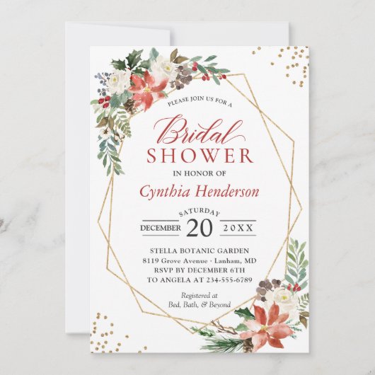 レッドポインセチアフローラクリスマスブライダルシャワー 招待状 (正面)