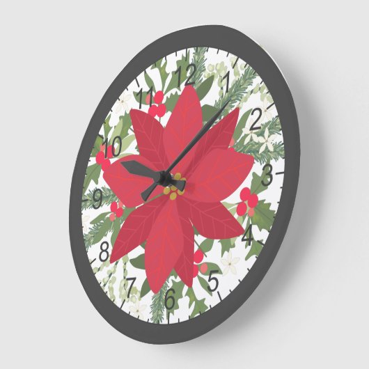 レッドポインセチアフローラクリスマス ラージ壁時計 (傾斜)