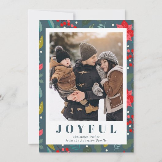 レッドポインセチアフローラグリーンフォトクリスマス シーズンカード (正面)