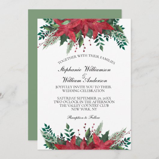 レッドポインセチアフローラ冬の結婚クリスマス 招待状 (正面/裏面)