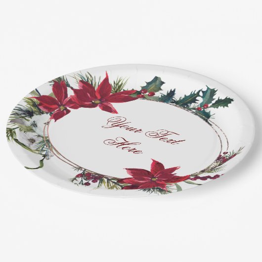 レッドポインセチアフローラ冬季クリスマスパーティー ペーパープレート (アングル)