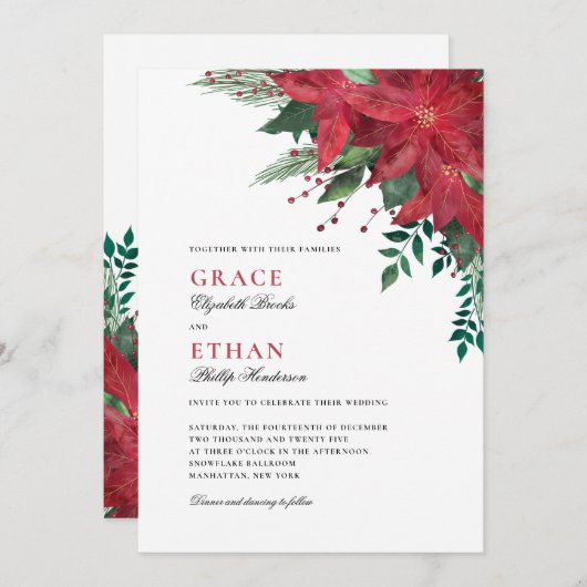 レッドポインセチアフローラ結婚クリスマス 招待状 (正面/裏面)