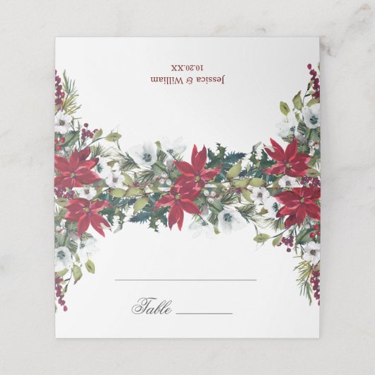 レッドポインセチアフローラ結婚水彩表 プレイスカード (外部開封)