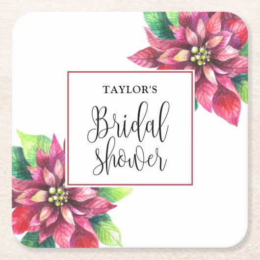 レッドポインセチアブライダルシャワー スクエアペーパーコースター (正面)