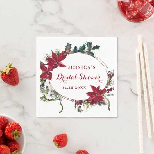 レッドポインセチアメリークリスマスブライダルシャワー紙 スタンダードカクテルナプキン (インサイチュ)