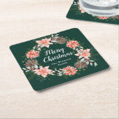 レッドポインセチアリースメリークリスマス スクエアペーパーコースター (アングル)