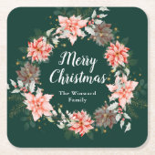 レッドポインセチアリースメリークリスマス スクエアペーパーコースター (正面)