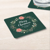 レッドポインセチアリースメリークリスマス スクエアペーパーコースター (アングル)