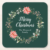 レッドポインセチアリースメリークリスマス スクエアペーパーコースター (正面)