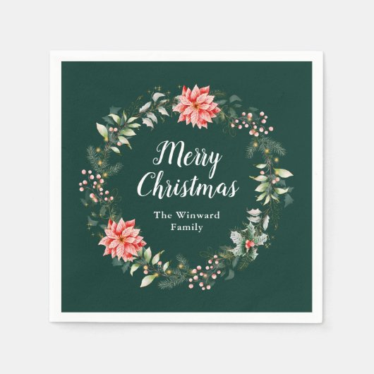 レッドポインセチアリースメリークリスマス スタンダードカクテルナプキン (正面)
