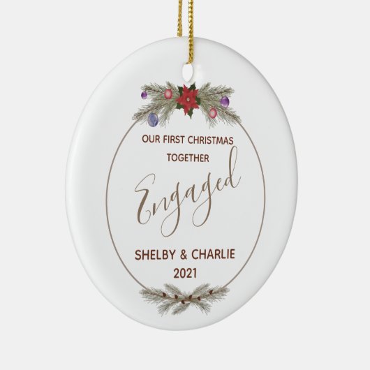レッドポインセチアリース初めてのクリスマス 婚約した セラミックオーナメント (右)