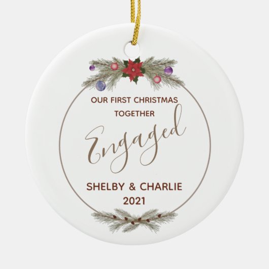 レッドポインセチアリース初めてのクリスマス 婚約した セラミックオーナメント (正面)