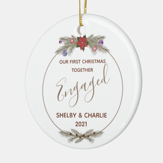 レッドポインセチアリース初めてのクリスマス 婚約した セラミックオーナメント (左)