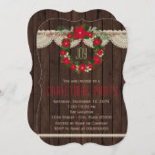 レッドポインセチアリース素朴クリスマスパーティー 招待状 (正面/裏面)