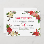 レッドポインセチア年末年始ホリデーパーティー日付を保存 案内ポストカード (正面/裏面)