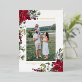 レッドポインセチア植物写真ハッピーホリデー 箔シーズンカード (立ち正面)