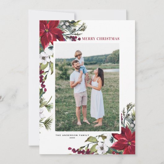 レッドポインセチア植物学メリークリスマスフォト シーズンカード (正面)