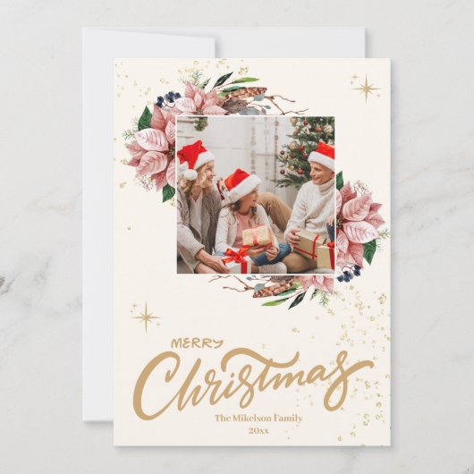 レッドポインセチア植物学メリークリスマスフォト シーズンカード (正面)