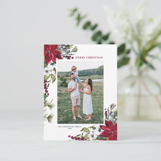 レッドポインセチア植物学メリークリスマスフォト シーズンポストカード (スタンド正面)