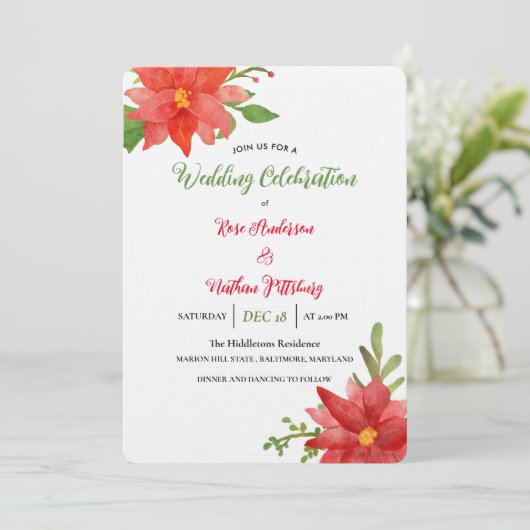レッドポインセチア水彩フローラ結婚クリスマス 招待状 (スタンド正面)
