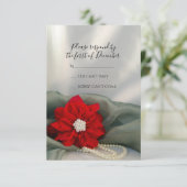 レッドポインセチア真珠オングリーンウィンターウェディングRSVP 出欠カード (スタンド正面)