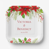レッドポインセチア結婚ホリデーパーソナライズされたズ ペーパープレート (正面)