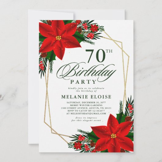レッドポインセチア緑のクリスマス誕生日 招待状 (正面)