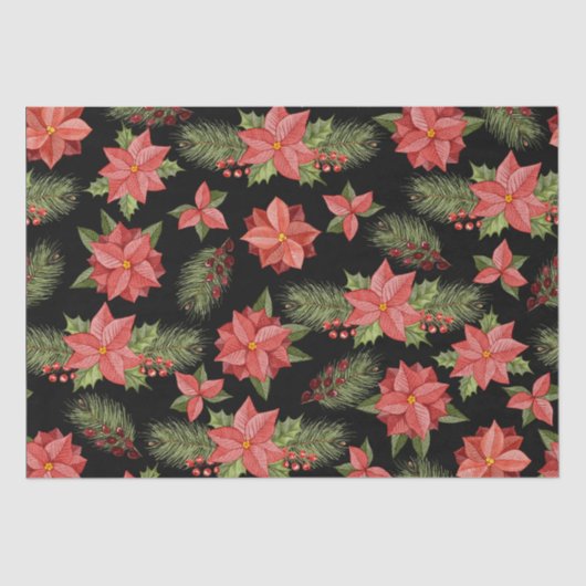 レッドポインセチア花とホリーベリー 薄葉紙 (正面)