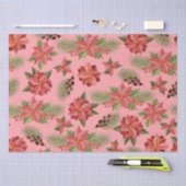 レッドポインセチア花とホリーベリー 薄葉紙 (クラフト)