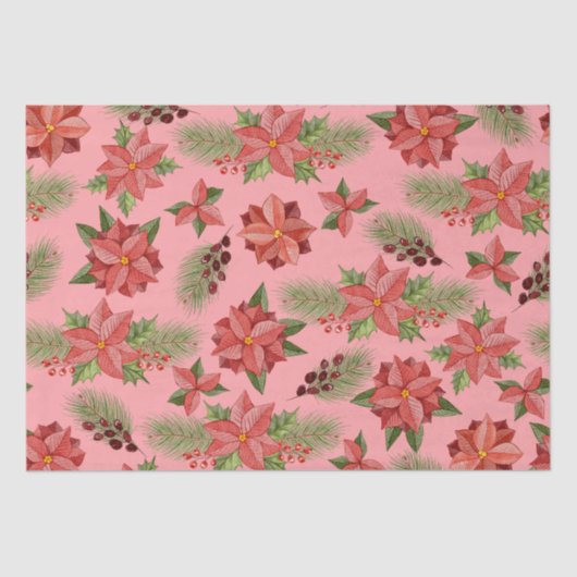 レッドポインセチア花とホリーベリー 薄葉紙 (正面)