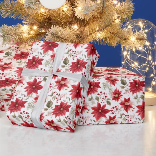 レッドポインセチア花クリスマスベリーの休日 ラッピングペーパー (クリスマス)
